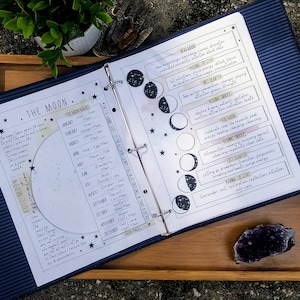 Op de afbeelding: Een witte en zwarte planner met een blauwe binder. De planner heeft een maanfasetracker met illustraties van de maan in elke fase. De planner bevat ook een lijst met volle maan namen voor elke maand van het jaar.