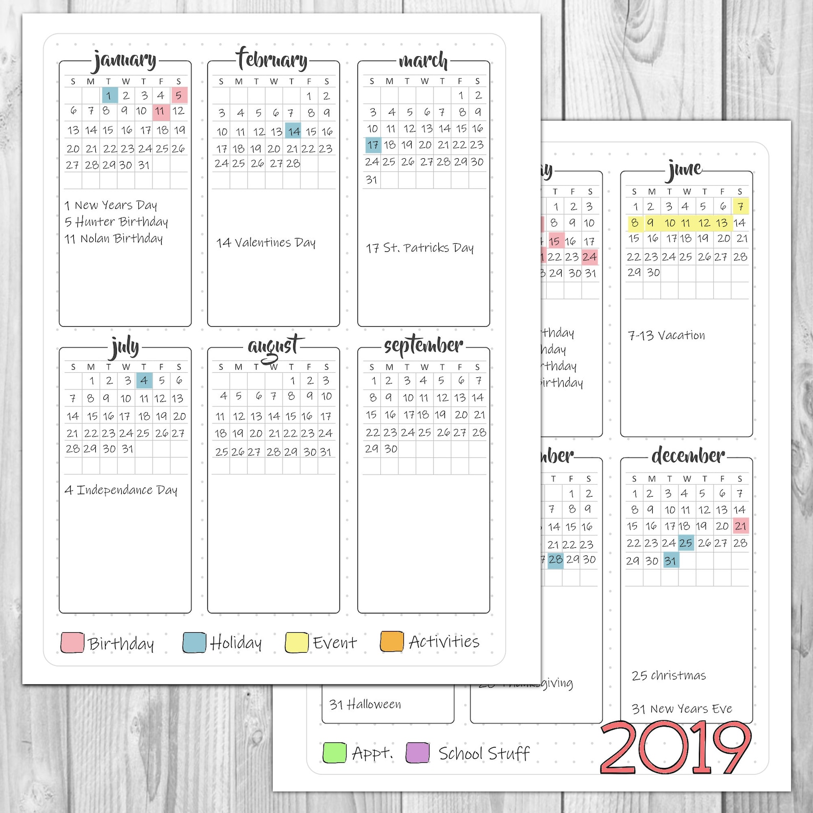 Bullet Journal 12 Month Overview Printable Sunday and MONDAY Etsy
