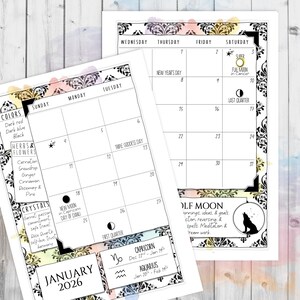 May include: Two-page calendar for January 2026 with astrological themes. Features dates, moon phases, zodiac signs, and related information. Includes decorative floral borders and watercolor accents. The calendar lists colors, herbs, flowers, and crystals.