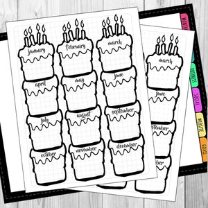 May include: A printable planner page with a birthday cake theme. The page is divided into 12 sections, one for each month of the year. Each section has a cake with a space to write in the month.