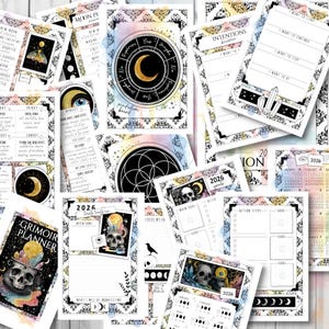 May include: A collection of celestial-themed planner pages with watercolor backgrounds. The pages feature moons, skulls, crystals, and the text "2026". Includes pages for intentions, goals, and daily planning. The overall color scheme is pastel.