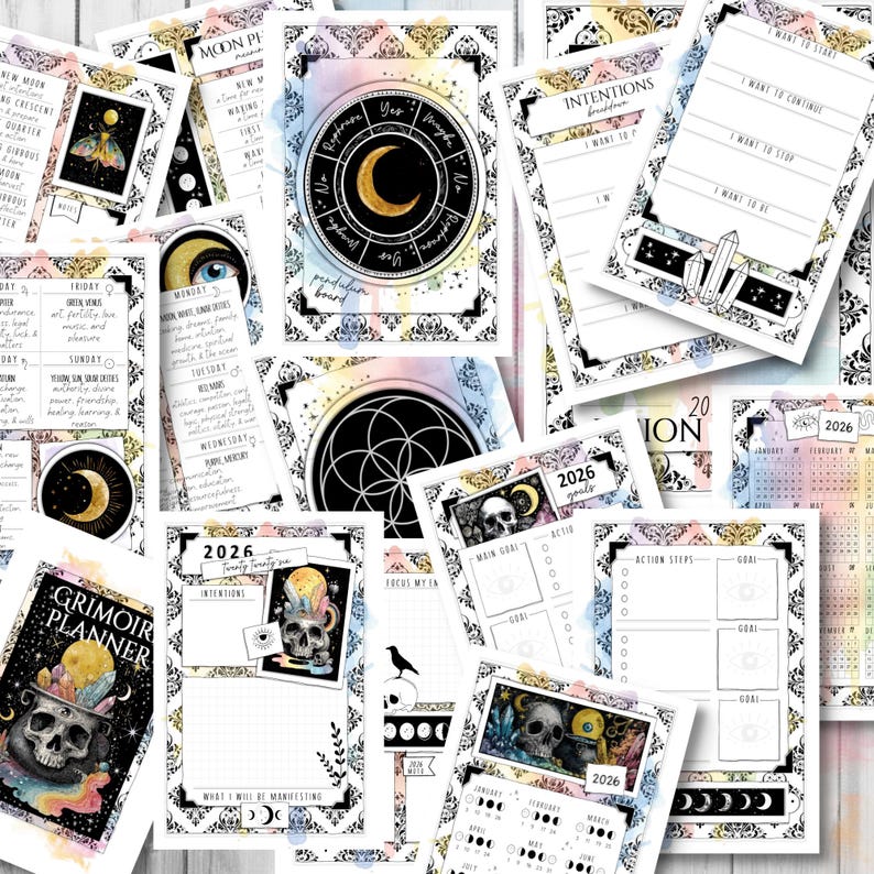 May include: A collection of celestial-themed planner pages with watercolor backgrounds. The pages feature moons, skulls, crystals, and the text "2026". Includes pages for intentions, goals, and daily planning. The overall color scheme is pastel.
