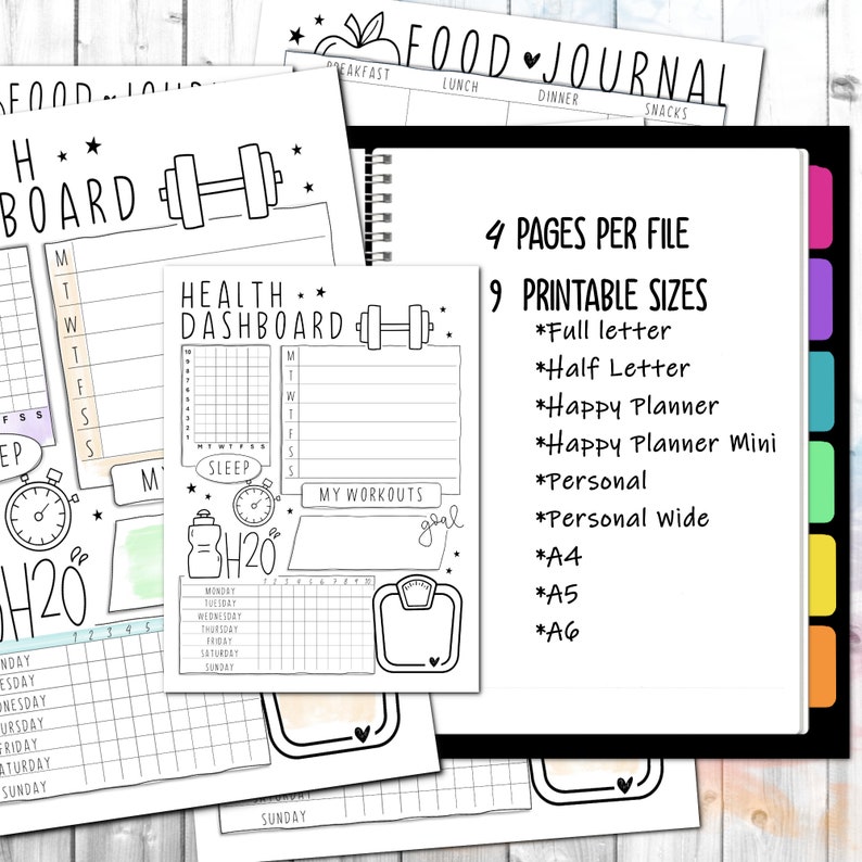 May include: Printable health and fitness journal pages with a black and white design. The pages include sections for tracking sleep, water intake, workouts, and weight. The journal is available in 9 printable sizes, including full letter, half letter, happy planner, happy planner mini, personal, personal wide, A4, A5, and A6.