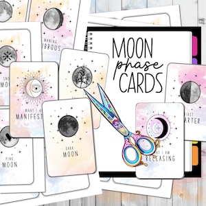 May include: A set of printable moon phase cards with watercolor backgrounds and black and white illustrations of the moon in different phases. The cards include text such as "What I am manifesting", "What I am releasing", "Dark Moon", "First Quarter", and "Waning Gibbous".