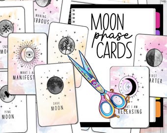Puede incluir: Un conjunto de tarjetas de fase lunar imprimibles con fondos de acuarela e ilustraciones en blanco y negro de la luna en diferentes fases. Las tarjetas incluyen texto como "Lo que estoy manifestando", "Lo que estoy liberando", "Luna oscura", "Primer cuarto", y "Luna menguante".