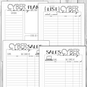 May include: A collection of black and white Cyber Monday themed planner pages. The pages include sections for scheduling, wish lists, and sales tracking. Each page features the words "Cyber Monday" in a decorative font.
