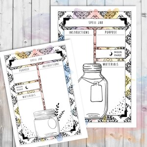 May include: Two printable "Spell Jar" pages with a watercolor background. Each page features a jar illustration with sections for instructions, purpose, materials, and moon phase. The pages are bordered with a black and white damask pattern.