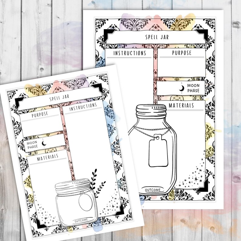 May include: Two printable "Spell Jar" pages with a watercolor background. Each page features a jar illustration with sections for instructions, purpose, materials, and moon phase. The pages are bordered with a black and white damask pattern.