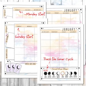 Puede incluir: Un planificador de calendario imprimible con fondo de acuarela y una secci&oacute;n para rastrear el ciclo lunar. El calendario tiene una secci&oacute;n para sorteos de tarot mensuales e incluye el texto "Track the lunar cycle" y "Current Moon Phase".