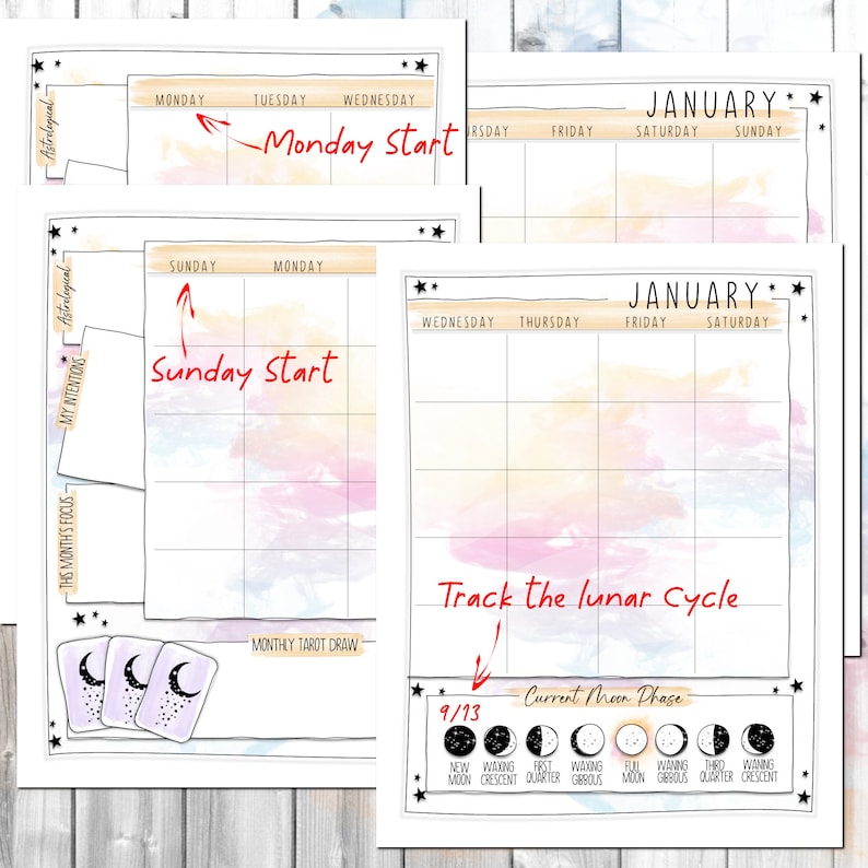 Puede incluir: Un planificador de calendario imprimible con fondo de acuarela y una secci&oacute;n para rastrear el ciclo lunar. El calendario tiene una secci&oacute;n para sorteos de tarot mensuales e incluye el texto "Track the lunar cycle" y "Current Moon Phase".