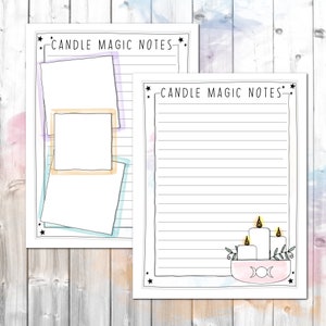 May include: Two printable pages with the text "Candle Magic Notes" and lined spaces for writing. The second page features a hand-drawn illustration of three candles in a bowl with a triple moon symbol.
