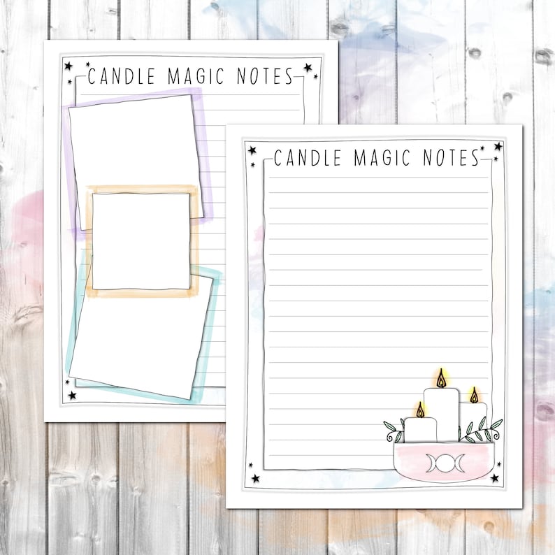 May include: Two printable pages with the text "Candle Magic Notes" and lined spaces for writing. The second page features a hand-drawn illustration of three candles in a bowl with a triple moon symbol.