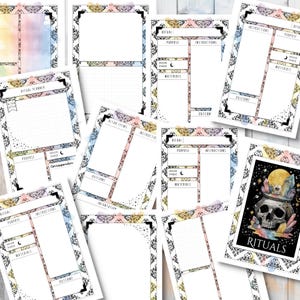 May include: A collection of printable ritual planner pages with decorative borders. The pages feature sections for purpose, instructions, moon phase, materials, and outcome. One page displays a skull with the word "RITUALS".