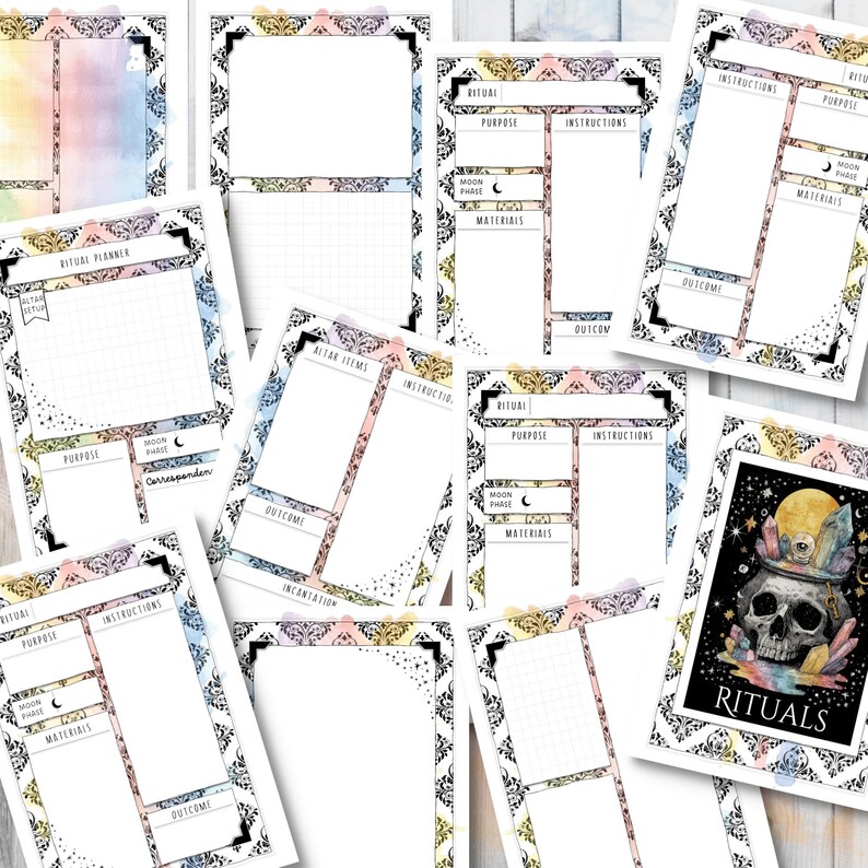 May include: A collection of printable ritual planner pages with decorative borders. The pages feature sections for purpose, instructions, moon phase, materials, and outcome. One page displays a skull with the word "RITUALS".