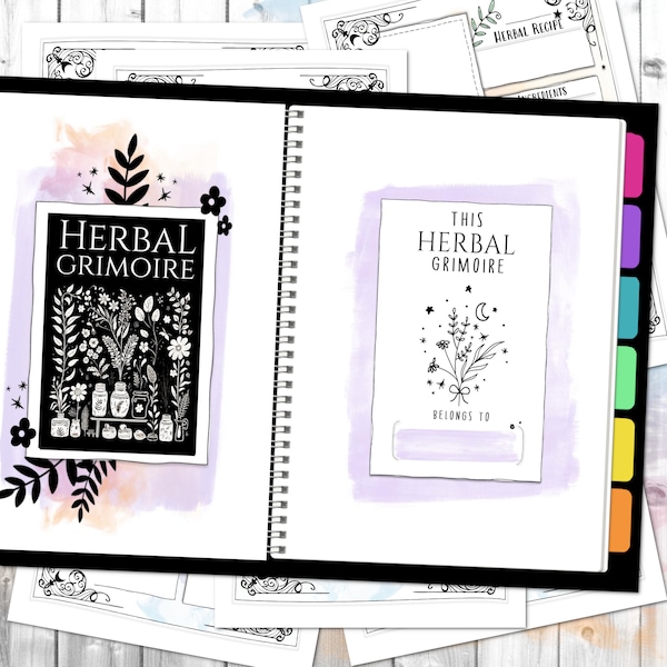 Mystic Smoke Herbal Grimoire | DIY Herb Journal for Green Witches | Herbology Study Worksheets | Book of Shadows | Watercolor Printable PDF