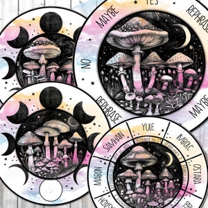 May include: Four circular designs painted in watercolour with black ink illustrations of mushrooms and moons. Each circle has text around the edge, including "Maybe", "Rephrase", "Dephrase", "No", "Yule", "Imbolc", "Ostara", "Samhain", "Mabon", "Beltaine", "House", "Ted", and "On".