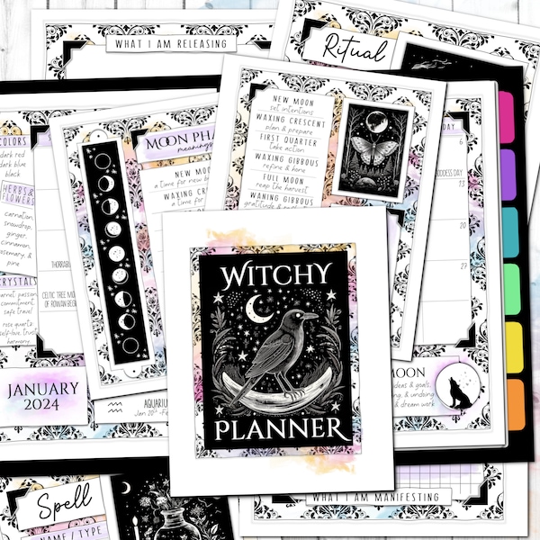 2024 Grimoire Style Planner | PDF Printable | Pagan Holidays | Dated Monthly Weekly Inserts | Ritual Spell & Tarot Journal | Book of Shadows