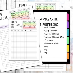 May include: Printable blood pressure log with a chart for recording date, time, systolic and diastolic blood pressure readings, and notes. The chart includes categories for normal, elevated, stage 1, and stage 2 blood pressure. The printable log is available in 9 sizes, including full letter, half letter, Happy Planner, Happy Planner Mini, Personal, Personal Wide, A4, A5, and A6.