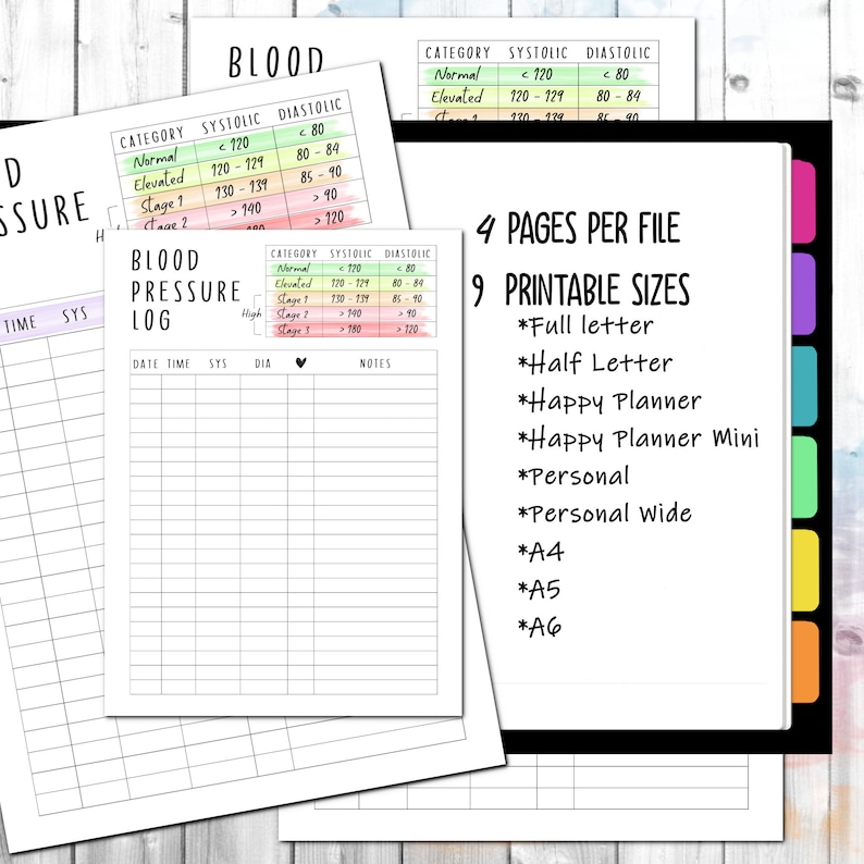 May include: Printable blood pressure log with a chart for recording date, time, systolic and diastolic blood pressure readings, and notes. The chart includes categories for normal, elevated, stage 1, and stage 2 blood pressure. The printable log is available in 9 sizes, including full letter, half letter, Happy Planner, Happy Planner Mini, Personal, Personal Wide, A4, A5, and A6.