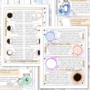 Op de afbeelding: Een kleurrijke illustratie van een maanfasenkalender met beschrijvingen van de verschillende maanfasen en hun bijbehorende magische eigenschappen. De illustratie is geschilderd in aquarel en bevat een verscheidenheid aan sterren en hemelse symbolen.