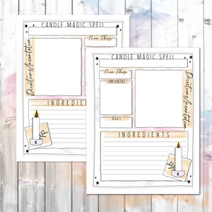 May include: Printable candle magic spell planner with sections for moon phase, correspondence, ingredients, directions, and results. The planner features a hand-drawn illustration of a candle in a holder.