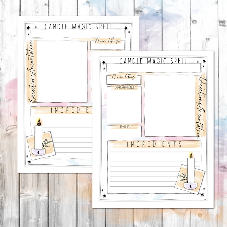 May include: Printable candle magic spell planner with sections for moon phase, correspondence, ingredients, directions, and results. The planner features a hand-drawn illustration of a candle in a holder.