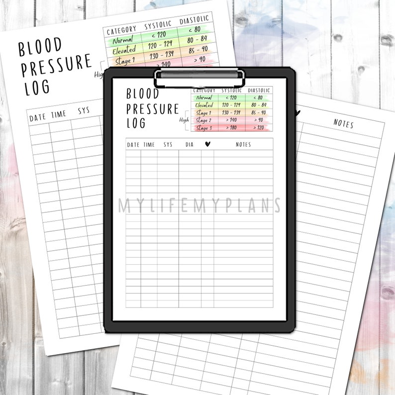 May include: A printable blood pressure log with a chart for recording date, time, systolic and diastolic readings, and notes. The chart includes a colour-coded guide for blood pressure categories: normal, elevated, stage 1, stage 2, and high.