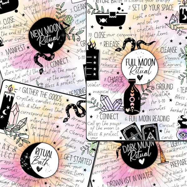 Ritual Cards | New Moon | Full Moon | Dark Moon | Ritual Bath |  Grimoire Cheat Sheet | Book of Shadows Printable Cards | How to Start | PDF