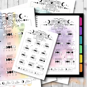 May include: A collection of calendars with a celestial theme. Each calendar features a moth illustration, moon phases, and the text "Twenty Twenty Six." The months are displayed with dates and moon phases.