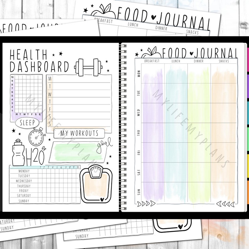May include: A printable health and food journal with a colorful design. The journal includes sections for tracking sleep, workouts, water intake, and daily meals. The journal is designed to help people track their health and fitness goals.