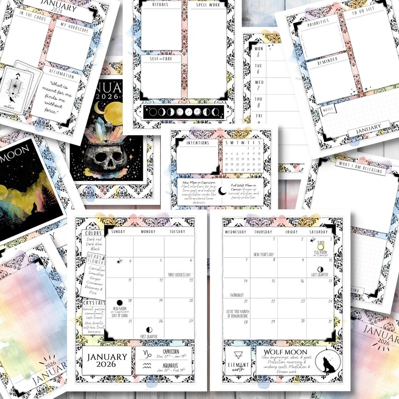May include: A collection of printable planner pages for January 2026, featuring watercolor backgrounds and decorative borders. The pages include sections for rituals, spell work, intentions, and a calendar. The text includes "In the Cards", "My Horoscope", and "Wolf Moon".