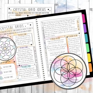 Crystal Grid Book of Shadows printable pages, Mystic Smoke Grimoire, Instructions, 18 DIY grids, layouts, journal pages, & witchy tutorial.