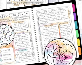 Crystal Grid Book of Shadows printable pages, Mystic Smoke Grimoire, Instructions, 18 DIY grids, layouts, journal pages, & witchy tutorial.