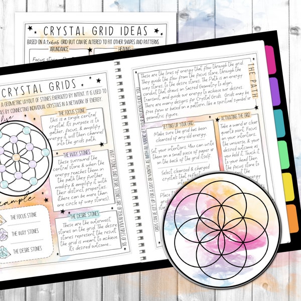 Crystal Grid Book of Shadows printable pages, Mystic Smoke Grimoire, Instructions, 18 DIY grids, layouts, journal pages, & witchy tutorial.