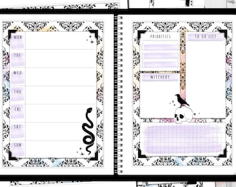 Weekly Planner Printable | 3 Unique Layouts | Styled and Blank | Grimoire Style | Witchy Aesthetic | Snake Skull Crow | WO2P | WO1P | PDF