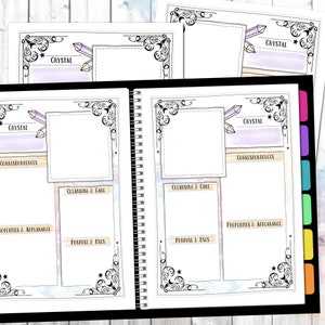 May include: A printable crystal journal spread with a black and white ornate border. The spread includes sections for crystal name, correspondences, cleansing and care, properties and appearance, and purpose and uses.