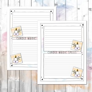 May include: Two printable pages with lined paper and a candle illustration. The top page says "Candle Magic" and the bottom page says "Candle Magic Spells".