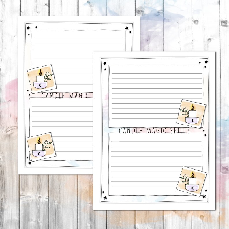 May include: Two printable pages with lined paper and a candle illustration. The top page says "Candle Magic" and the bottom page says "Candle Magic Spells".