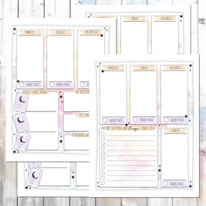 Puede incluir: Un planificador semanal imprimible con un fondo de acuarela en tonos de rosa, morado y azul. El planificador incluye secciones para el lunes al domingo, con espacio para tareas diarias, notas y un rastreador de la fase lunar. El planificador tambi&eacute;n incluye una secci&oacute;n para tiradas de cartas de tarot semanales, cuidado personal e informaci&oacute;n astrol&oacute;gica.