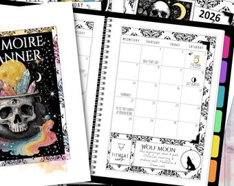 May include: A spiral-bound planner with a black and white floral design. The planner includes calendar pages for 2026, with illustrations of moons, skulls, and crystals. The cover features the text "MOIRE ANNER".
