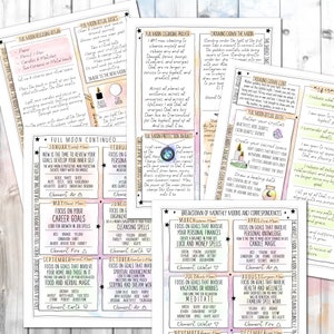 Op de afbeelding: Een printbare gids voor volle maan rituelen en correspondenties. De gids bevat informatie over volle maan basisprincipes, loslaat rituelen, voortgezette rituelen, een volle maan reinigingsgebed, het naar beneden trekken van de maan, een volle maan beschermingsamulet, een volle maan ritueel bad en een uitsplitsing van maandelijkse manen en correspondenties. De gids is ge&iuml;llustreerd met handgetekende afbeeldingen van manen, sterren en andere hemellichamen.
