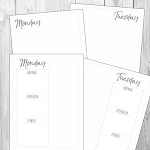 May include: Printable planner pages with a dotted grid for Monday and Tuesday. Each page is divided into three sections: Morning, Afternoon, and Evening.