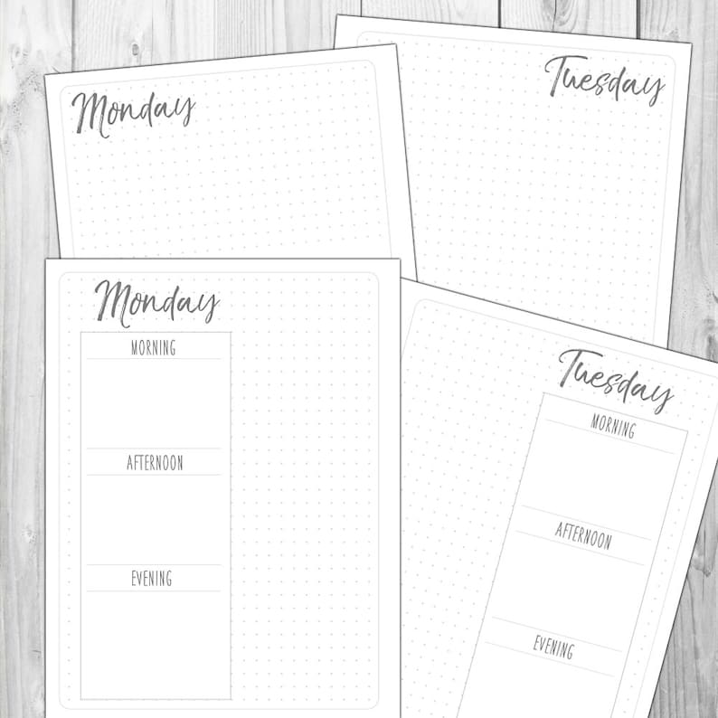 May include: Printable planner pages with a dotted grid for Monday and Tuesday. Each page is divided into three sections: Morning, Afternoon, and Evening.