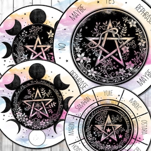 May include: A set of four circular, watercolor-painted divination wheels with a pentacle design and text. The wheels are labeled with the words "Yes", "Maybe", "No", "Rephrase", "Dedhrase", "Imbolc", "Oestara", "Beltane", "Litha", "Lughnasadh", "Mabon", "Samhain", "Yule".
