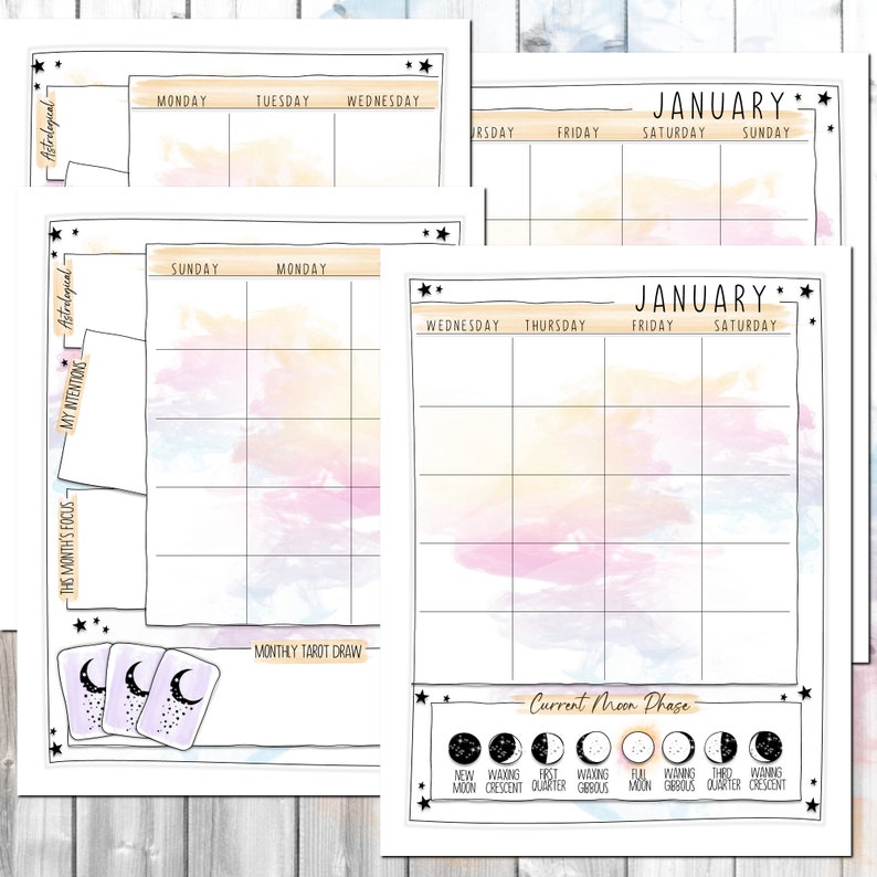 Puede incluir: Planificador de calendario imprimible con fondo de acuarela y fases lunares. El calendario incluye secciones para el signo astrol&oacute;gico, las intenciones, el enfoque mensual y una tirada de tarot mensual.