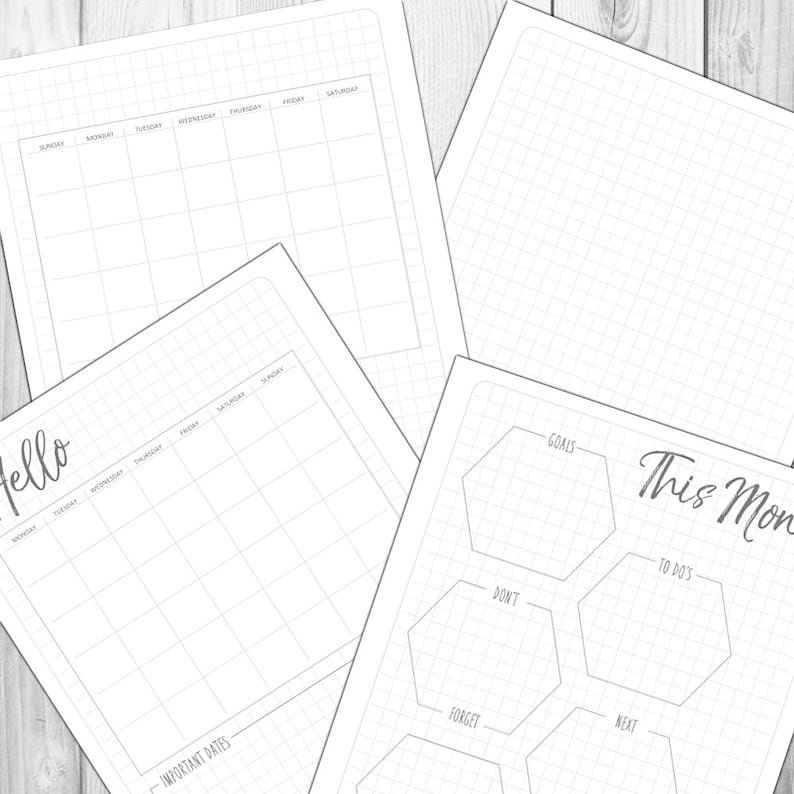 May include: Four printable planner pages with a grid pattern. The pages include a weekly planner, a daily planner, a "This Month" page with hexagonal sections for goals, to-do's, don't forget, and next, and a blank grid page.