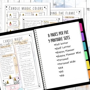 May include: Printable guide for candle magic rituals. The guide includes instructions for anointing, cleansing, and lighting candles. The guide also includes a chart of candle colours and their associated meanings. The guide is available in 8 pages and 9 printable sizes.