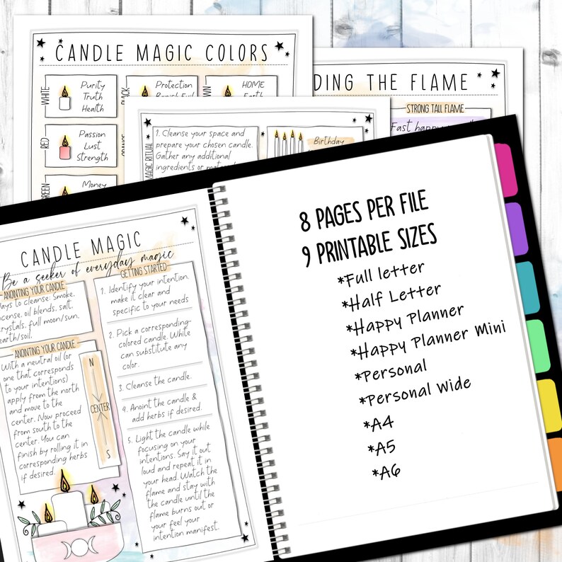 May include: Printable guide for candle magic rituals. The guide includes instructions for anointing, cleansing, and lighting candles. The guide also includes a chart of candle colours and their associated meanings. The guide is available in 8 pages and 9 printable sizes.