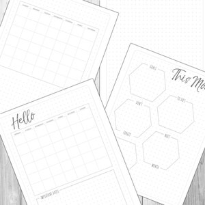 May include: Three printable planner pages with dotted backgrounds. The first page is a weekly calendar with the days of the week labeled. The second page is a monthly calendar with the days of the week labeled. The third page has a section for goals, to-dos, don't forget, next month, and a section for important dates.