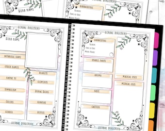 May include: A printable herbal directory template with sections for herb name, botanical name, other names, native to, symbolism, colors, gender, planets, elements, zodiac signs, chakras, deities, harvesting, usable parts, aroma, taste, caution, magical uses, and medical uses. The template has a whimsical, hand-drawn design with stars, leaves, and swirls.